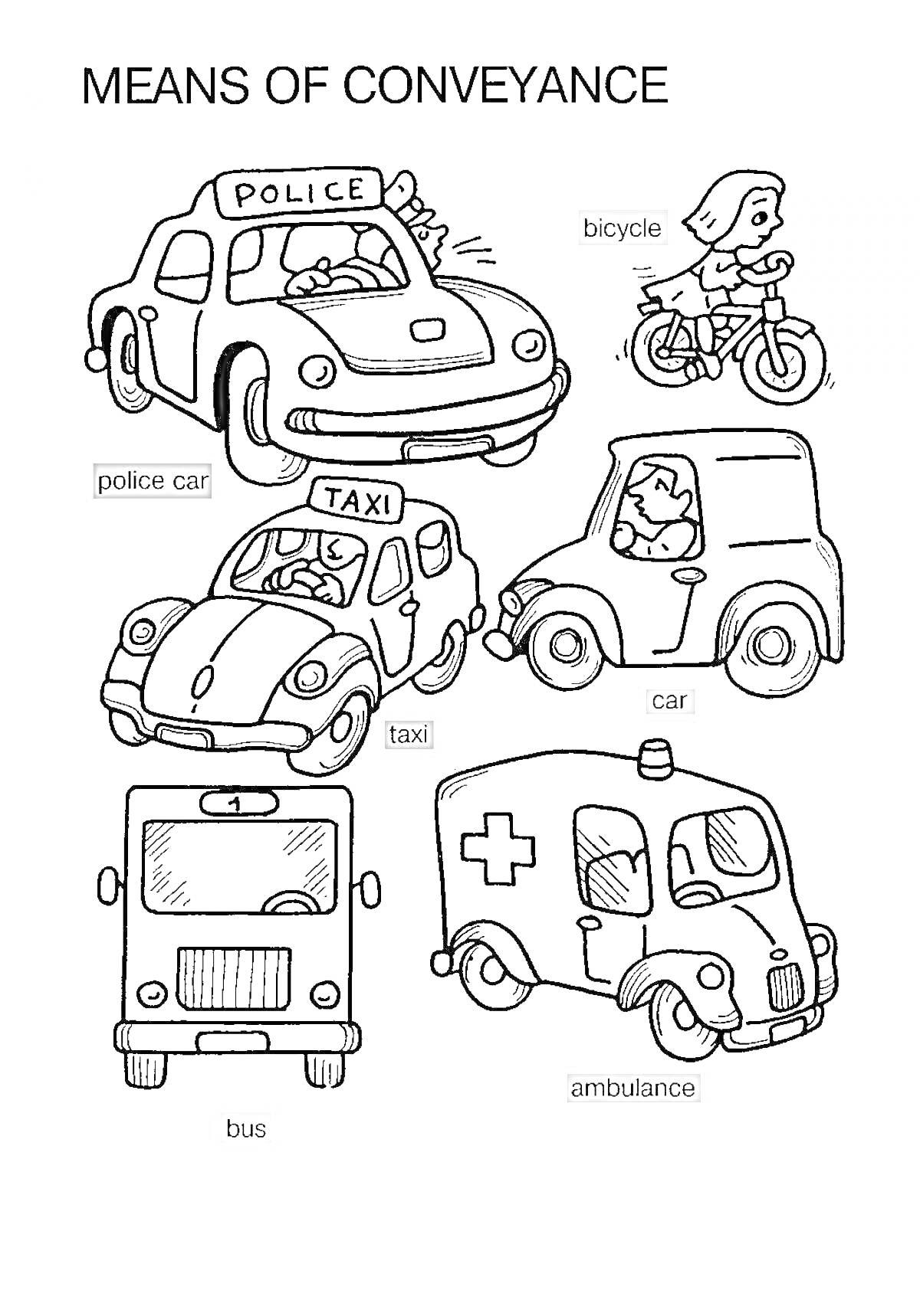 Vehicle Coloring Page with Police Car, Taxi, Car, Bicycle, Bus, and Ambulance