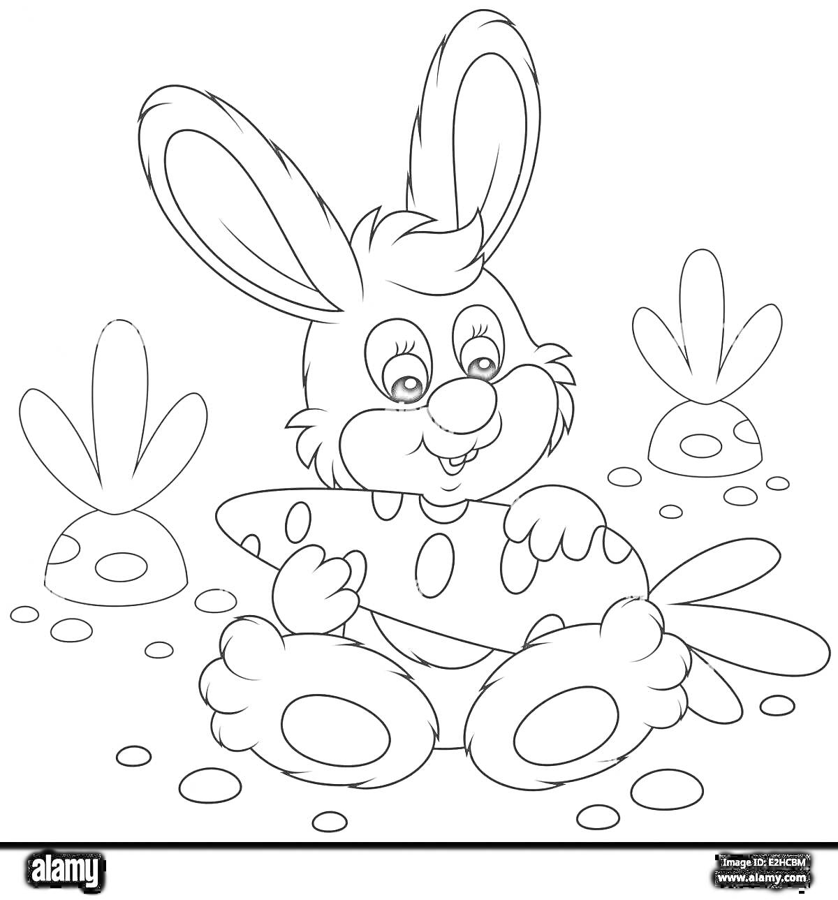 Раскраска Зайка с морковкой среди растений