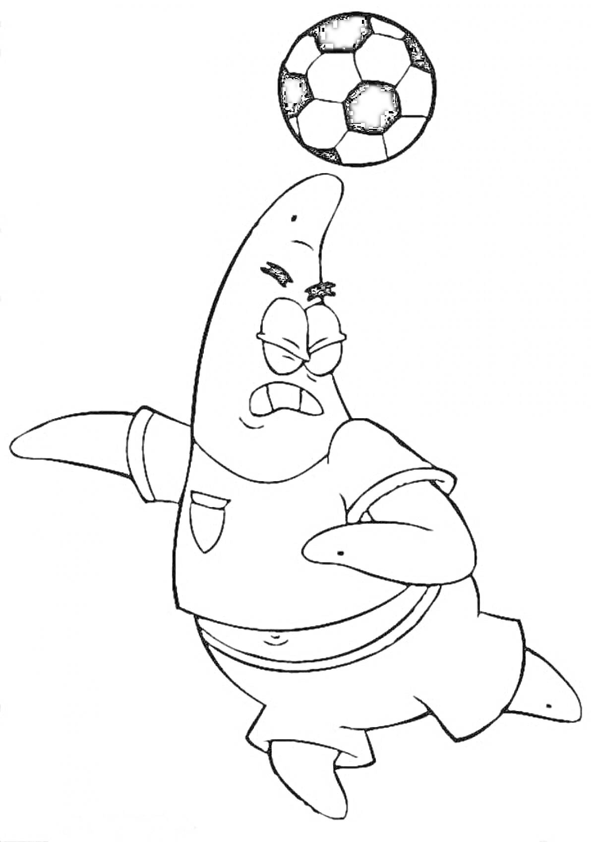 Раскраска Патрик в футболке отбивает мяч головой