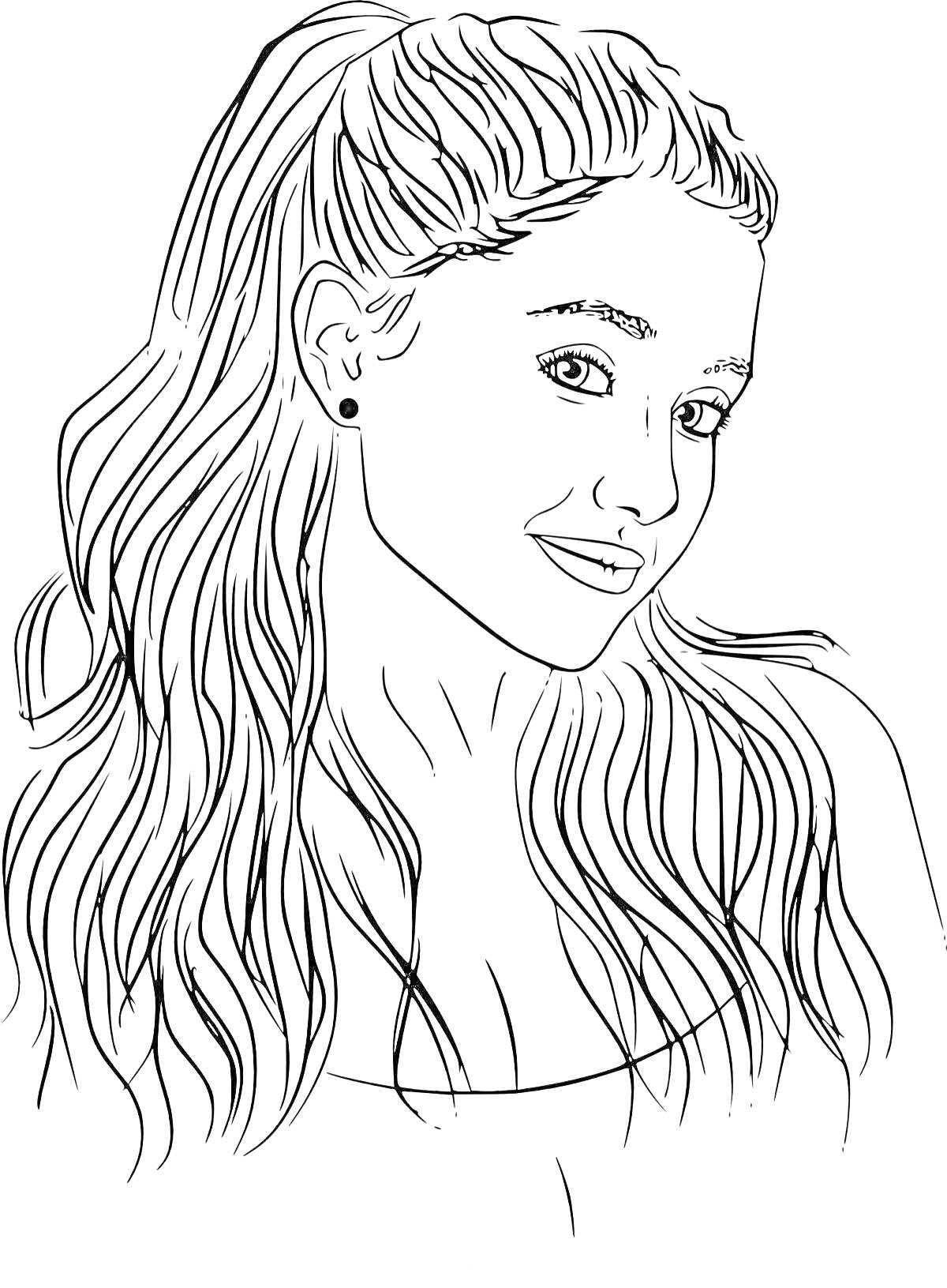 Раскраска Портрет девушки с длинными, волнистыми волосами, завязанными в хвост