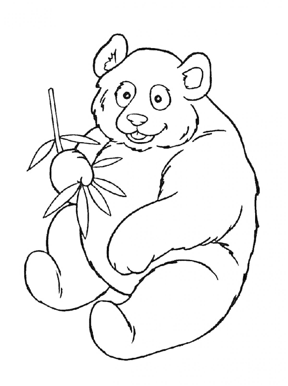 Раскраска Панда держит ветку с листьями.