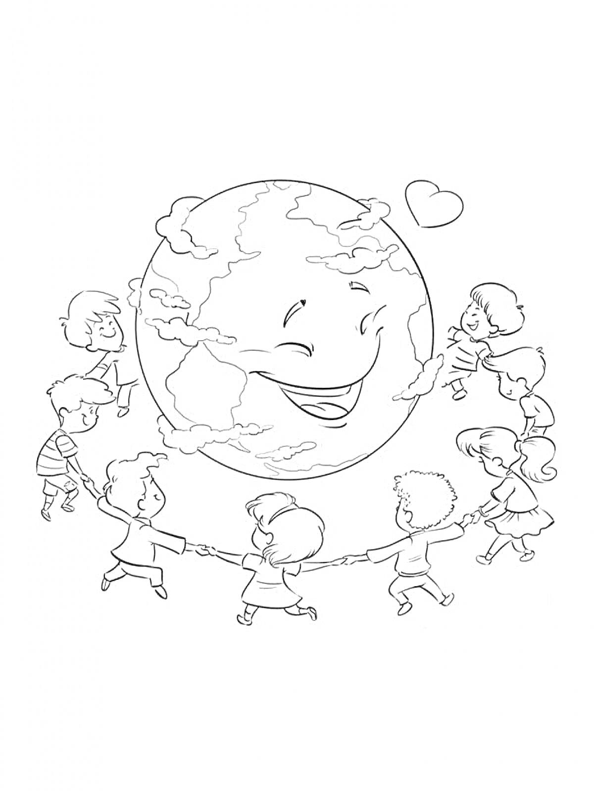 На раскраске изображено: Земля, Танец, Улыбка, Мир, Дружба, Счастье