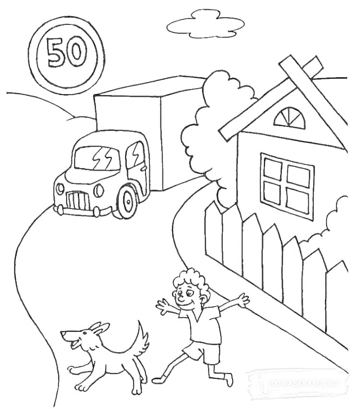 Раскраска Мальчик с собакой играют около дороги с движущимся грузовиком рядом с домом и знаком ограничения скорости 50