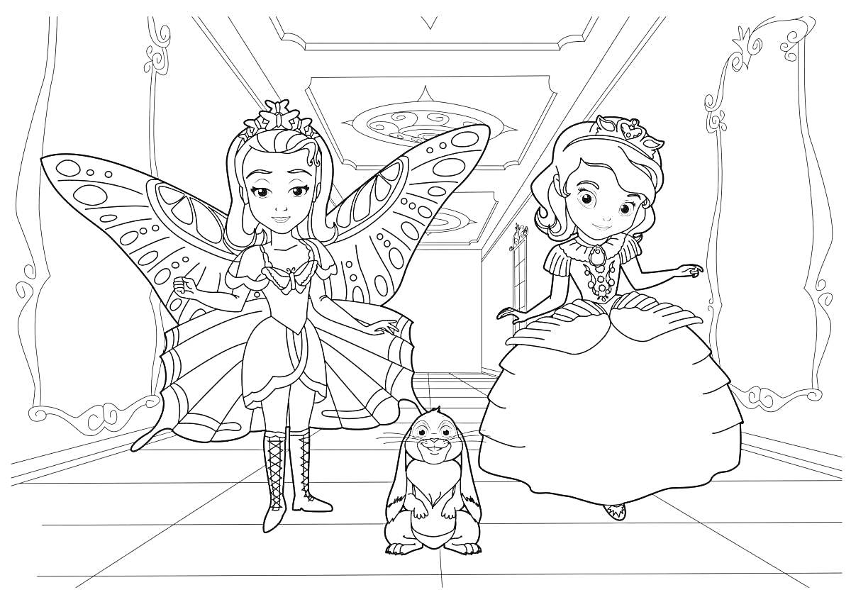 На раскраске изображено: Девочка, Крылья, Бабочка, Платье, Кролик, Коридор, Дворец