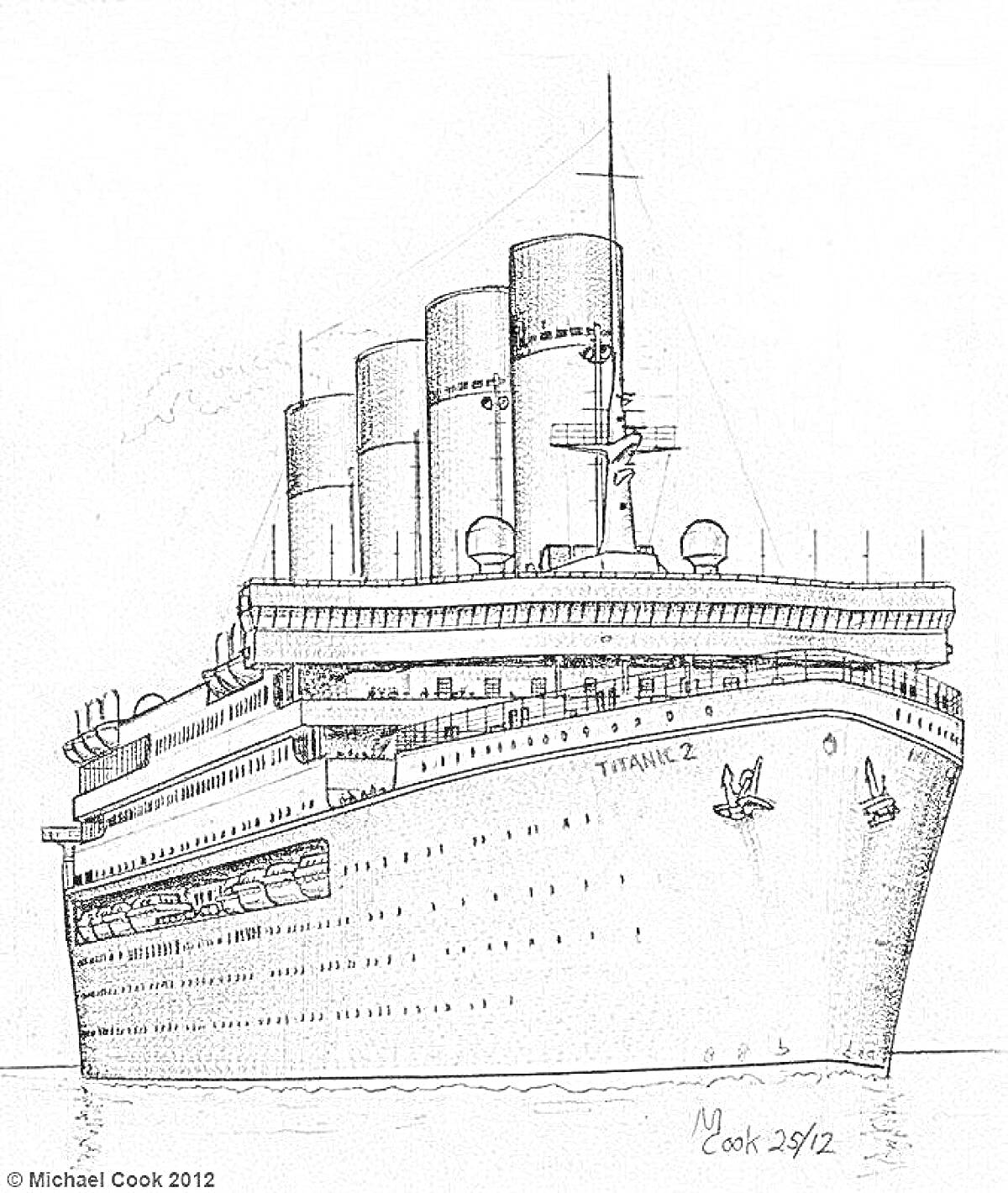 На раскраске изображено: Корабль, Лайнер, Подпись