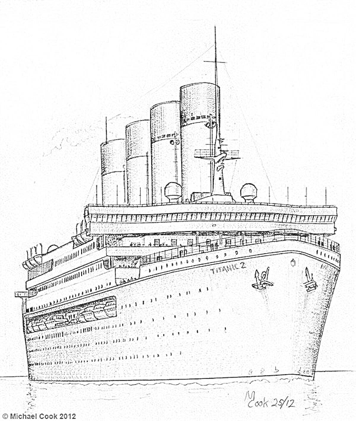 Раскраска Карандашный рисунок большого океанского лайнера с четырьмя трубами на спокойной воде, вид спереди, подписан 