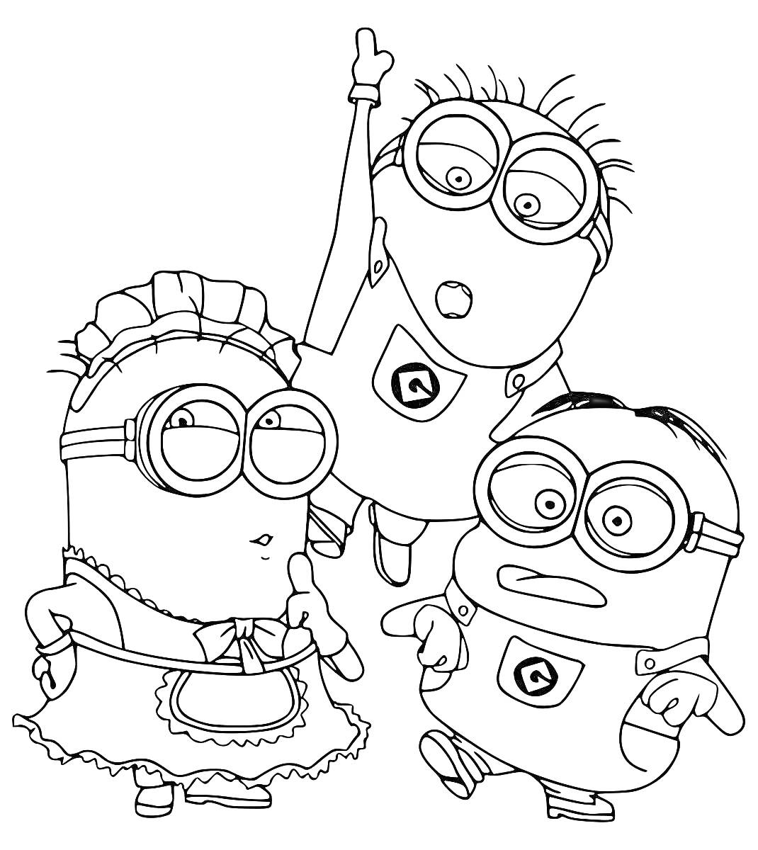 Раскраска Три Миньона, один в костюме горничной, второй расправил руку вверх, третий с причёской и очками