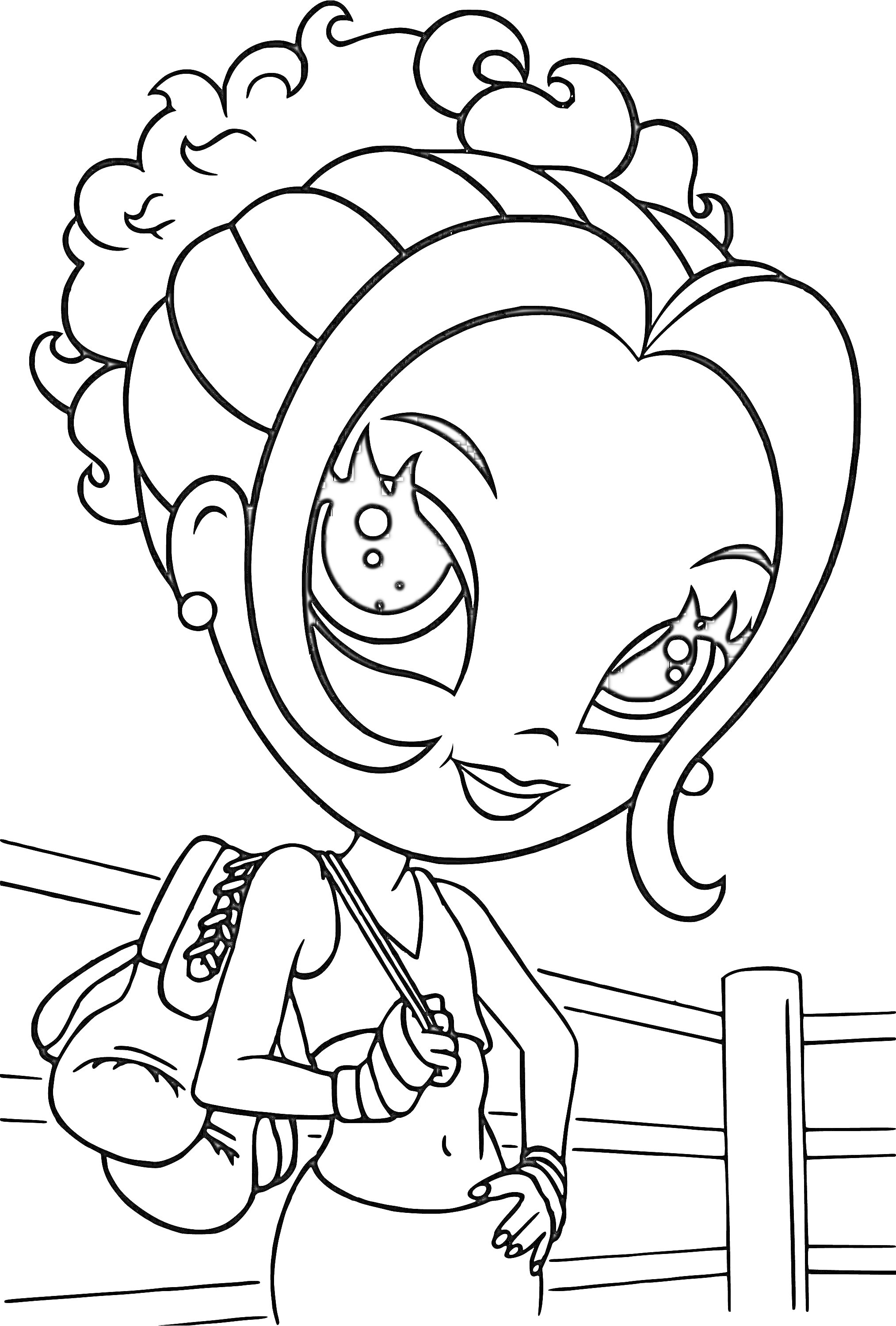 На раскраске изображено: Девочка, Кудрявые волосы, Большие глаза, Рюкзак, Перчатки, Спорт, Женский персонаж