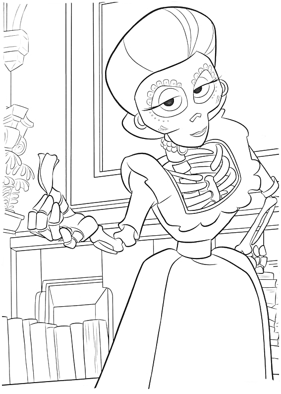 Женщина-скелет с прической и в платье среди книжных полок
