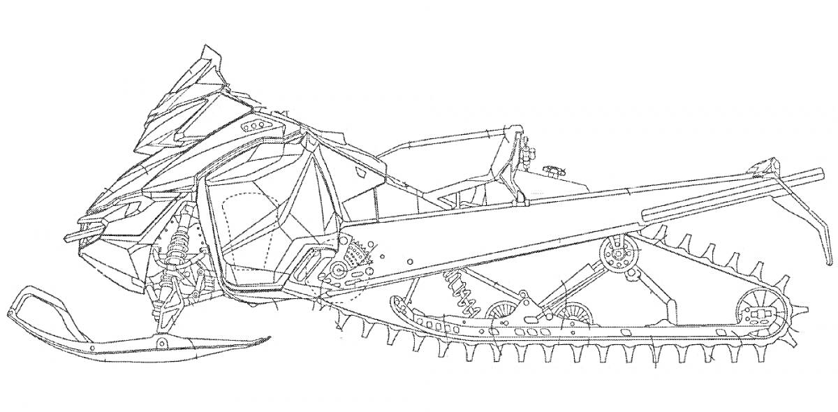 Раскраска Снегоход с гусеницей, лыжей и сиденьем