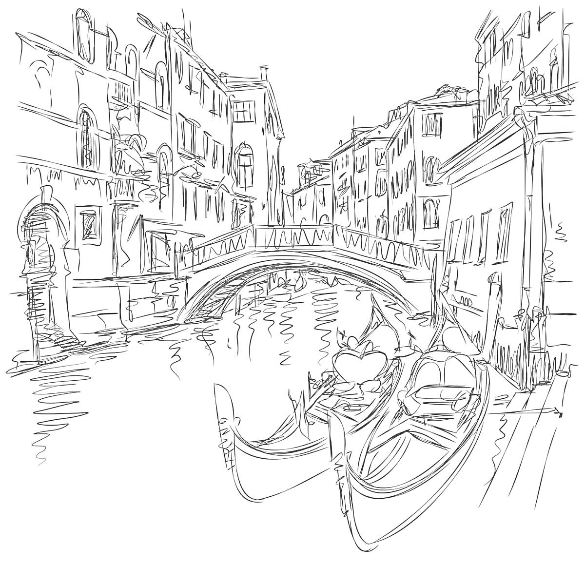 На раскраске изображено: Венеция, Канал, Мост, Гондолы, Архитектура, Италия