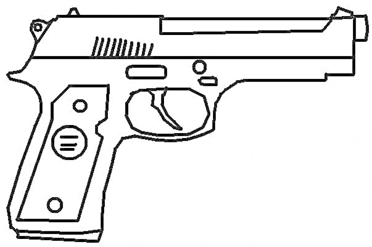 На раскраске изображено: Пистолет, Оружие, Курок, Затвор, Огнестрельное оружие