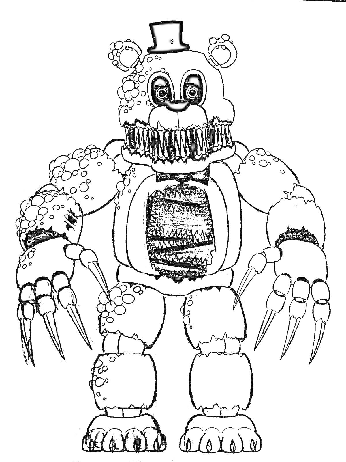 Раскраска Аниматроник-медведь с когтями, злобной улыбкой и цилиндром