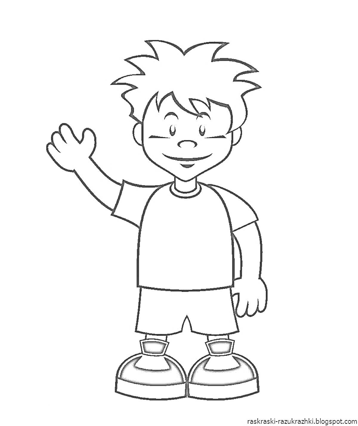 Раскраска Мальчик с поднятой рукой в футболке и шортах