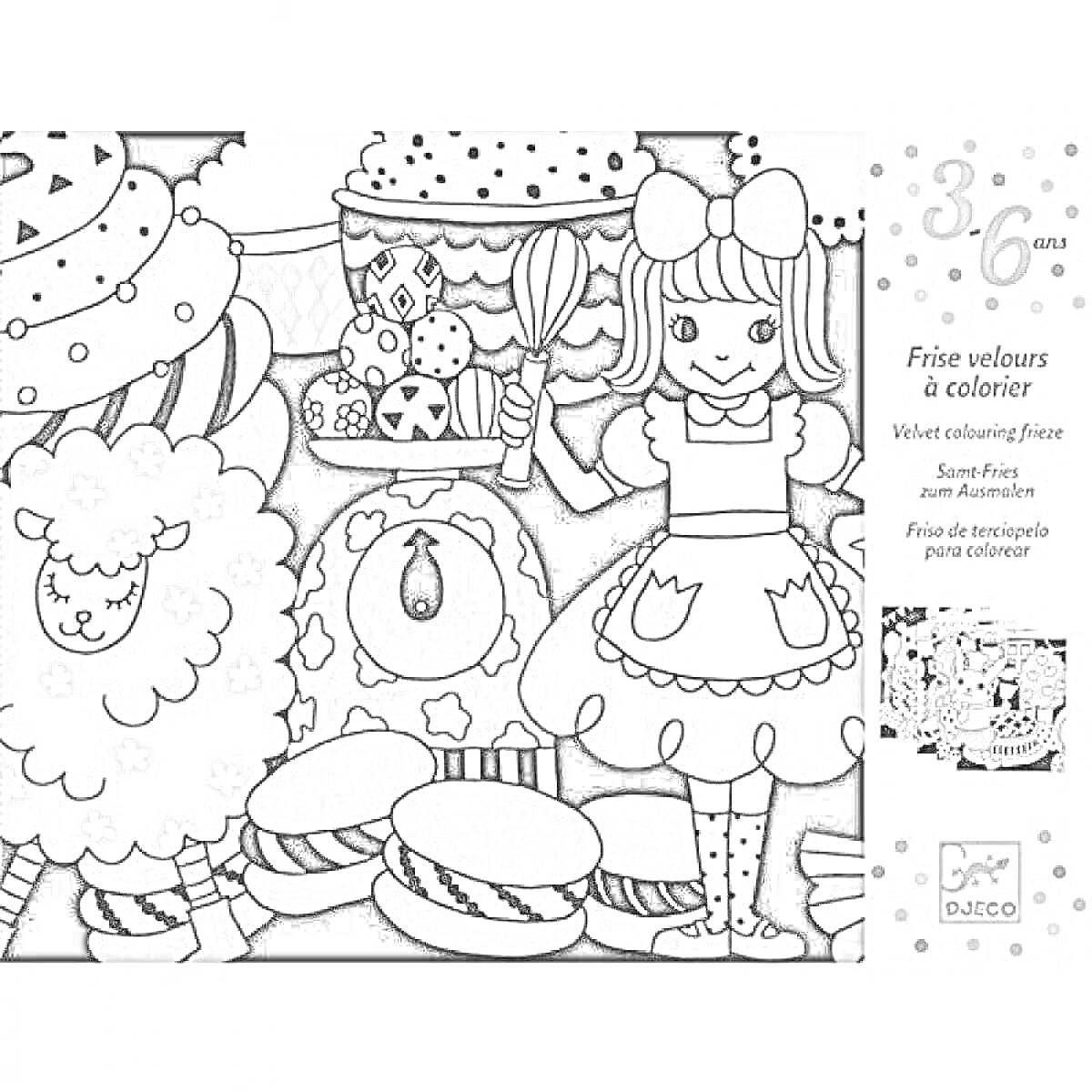 Раскраска Девочка с венчиком, овцы и торты, десерты и пирожные