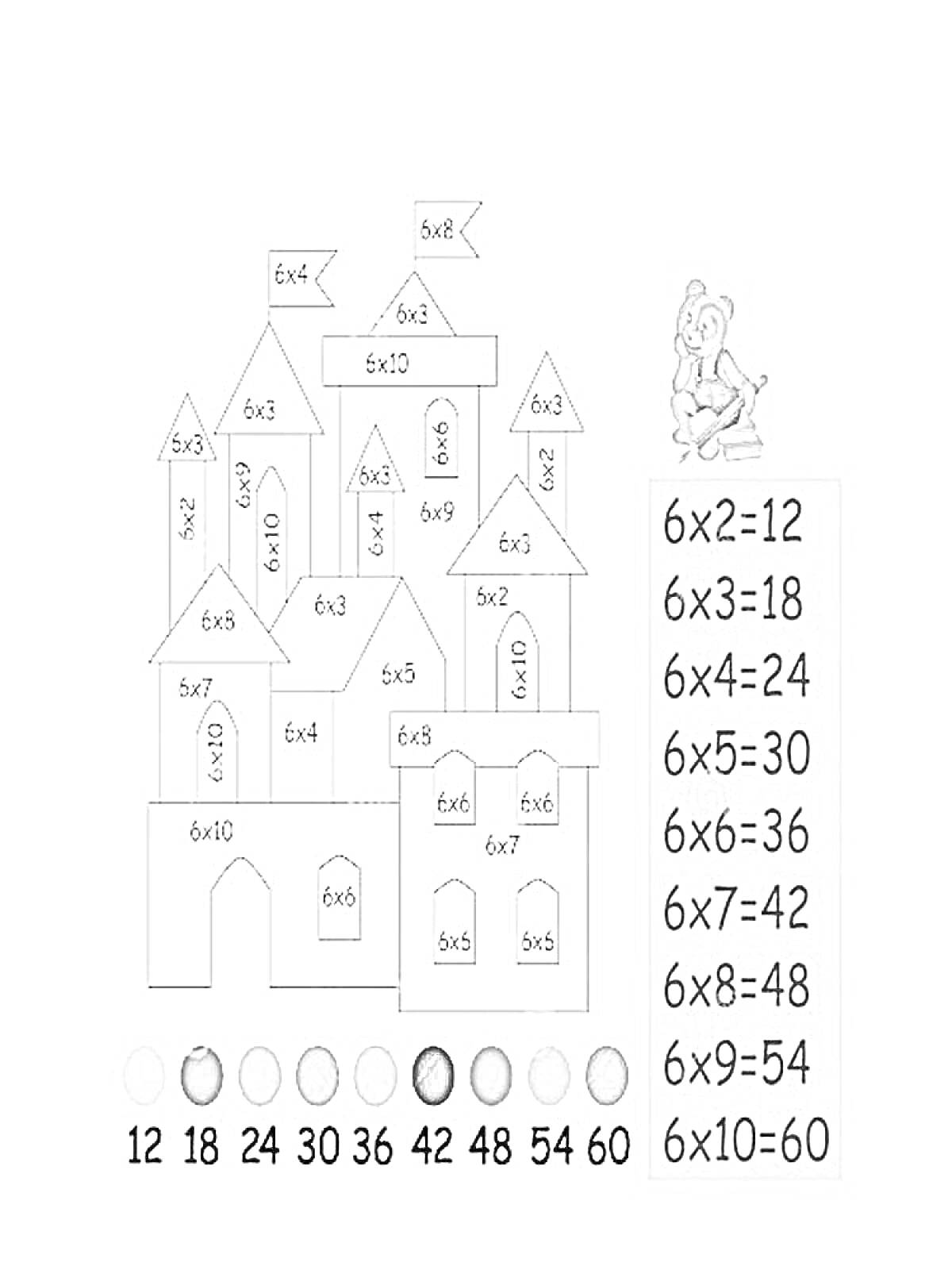 На раскраске изображено: Замок, Таблица умножения, Математика, Цифры, Для детей, Книга, Медведь