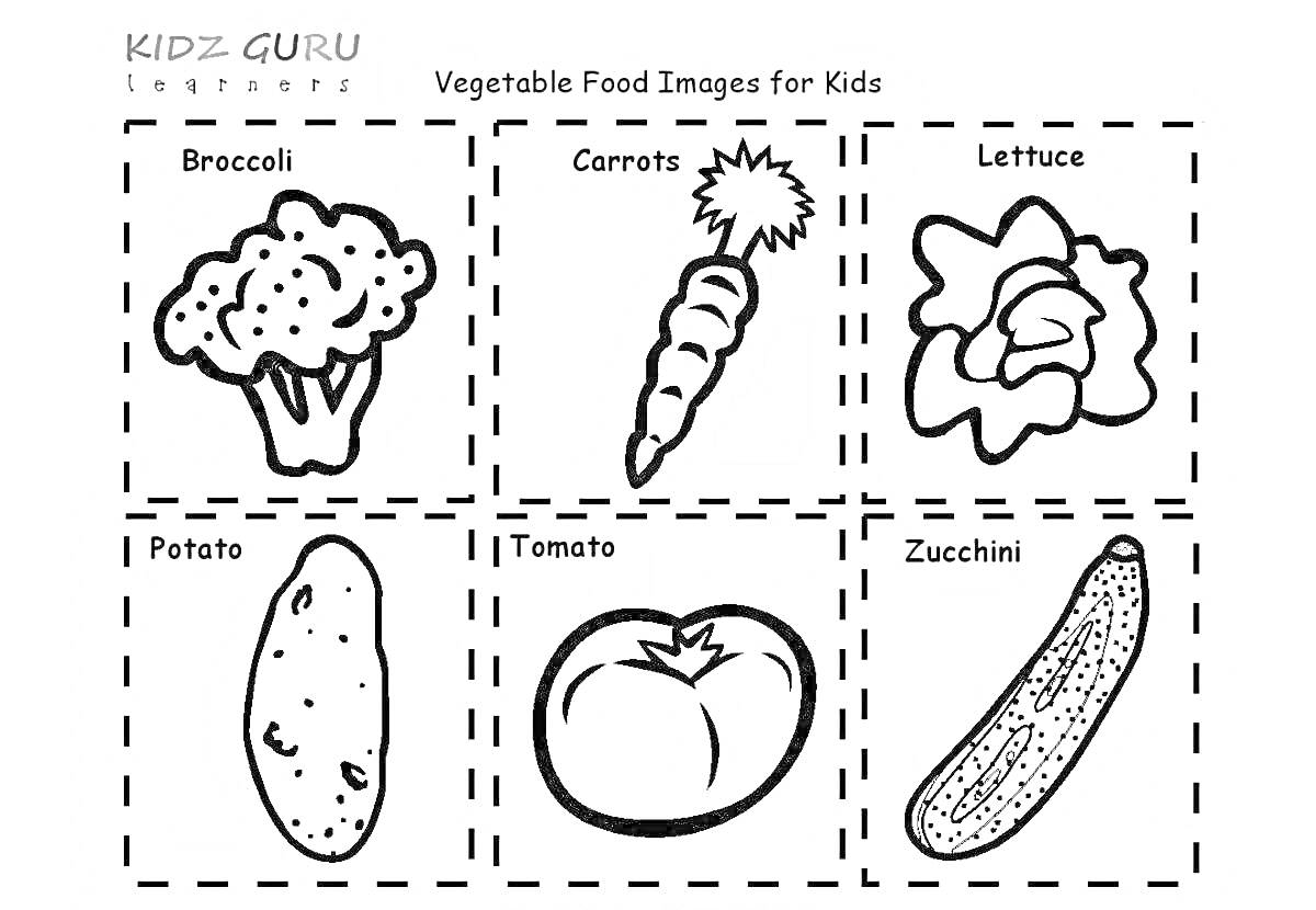 Раскраска овощи для детей (брокколи, морковь, салат, картофель, томат, цуккини)