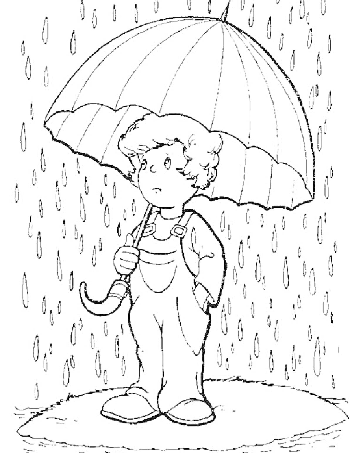 Раскраска Ребенок под зонтом в дождь, в плаще, с грустным выражением лица