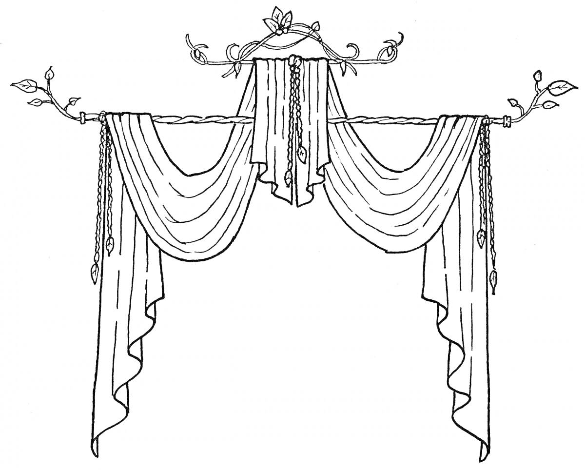 Раскраска Театральный занавес с декоративными лиственными элементами и свисающими занавесками