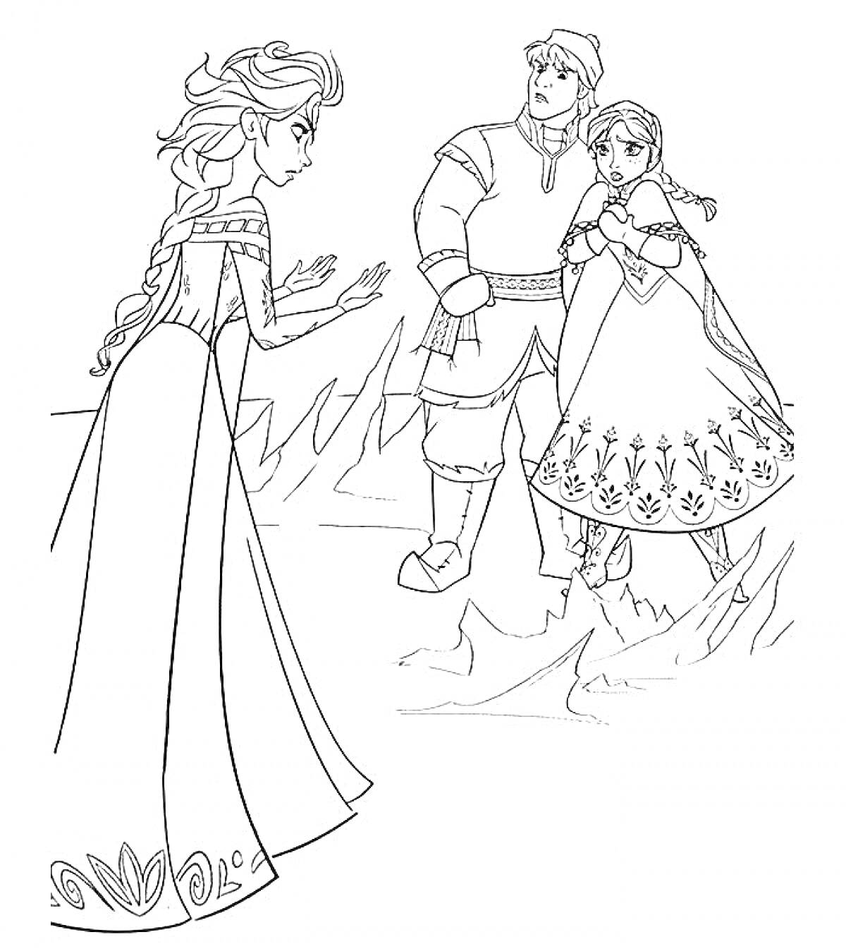 Раскраска Девушка с длинной косой, девушка с двумя косами и мужчина в зимней одежде стоят на льду