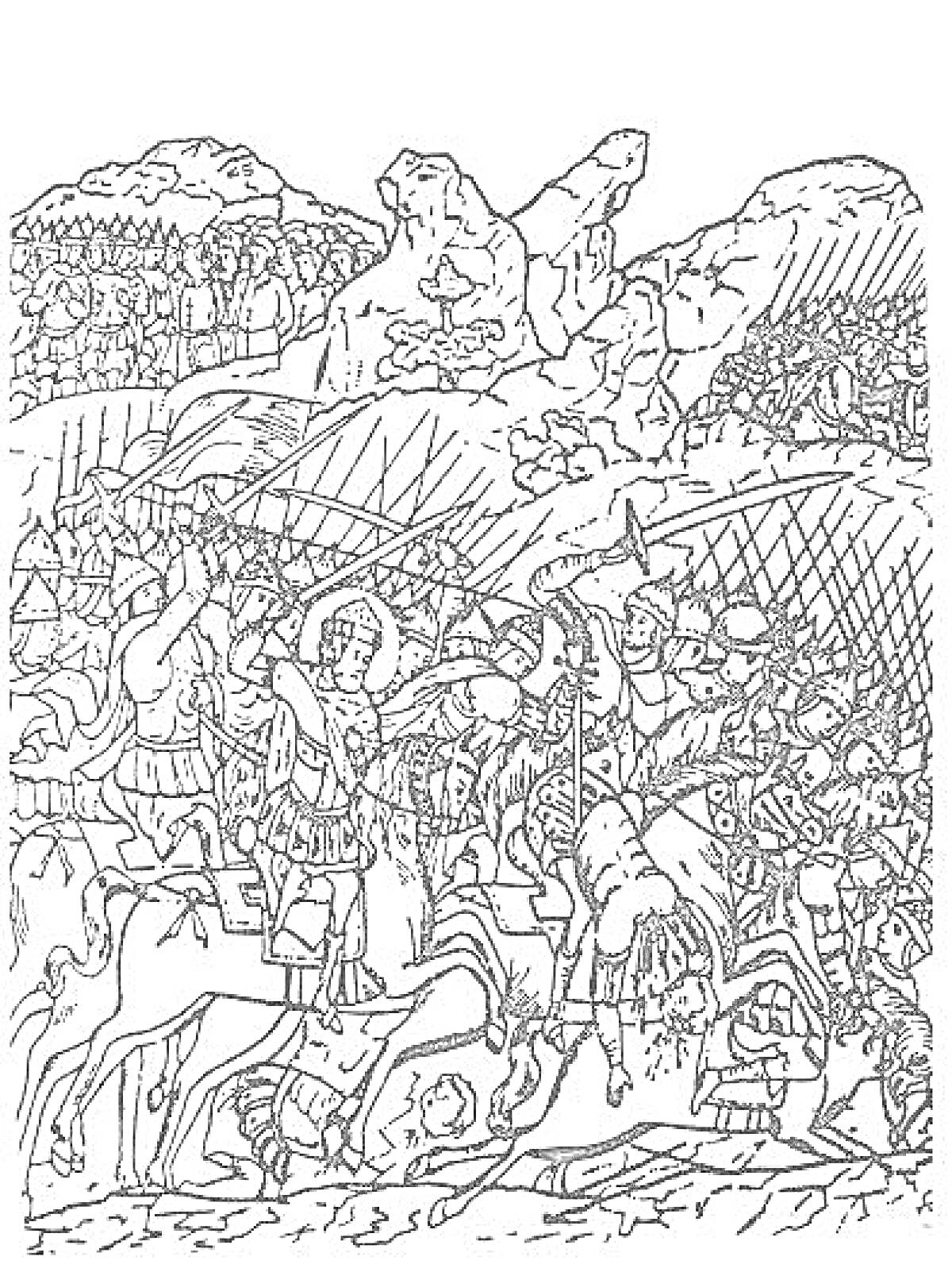 РаскраскаКуликовская битва: сражение всадников и пеших воинов среди холмов и лесов