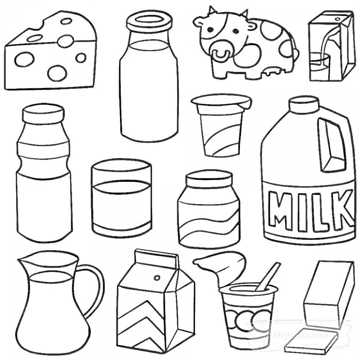 Раскраска Сыр, бутылка с крышечкой, корова, пакет сока, бутылочка, стакан молока, йогурт, большой контейнер с молоком, кувшин, пакет молока, баночка с йогуртом и ложкой, пачка масла