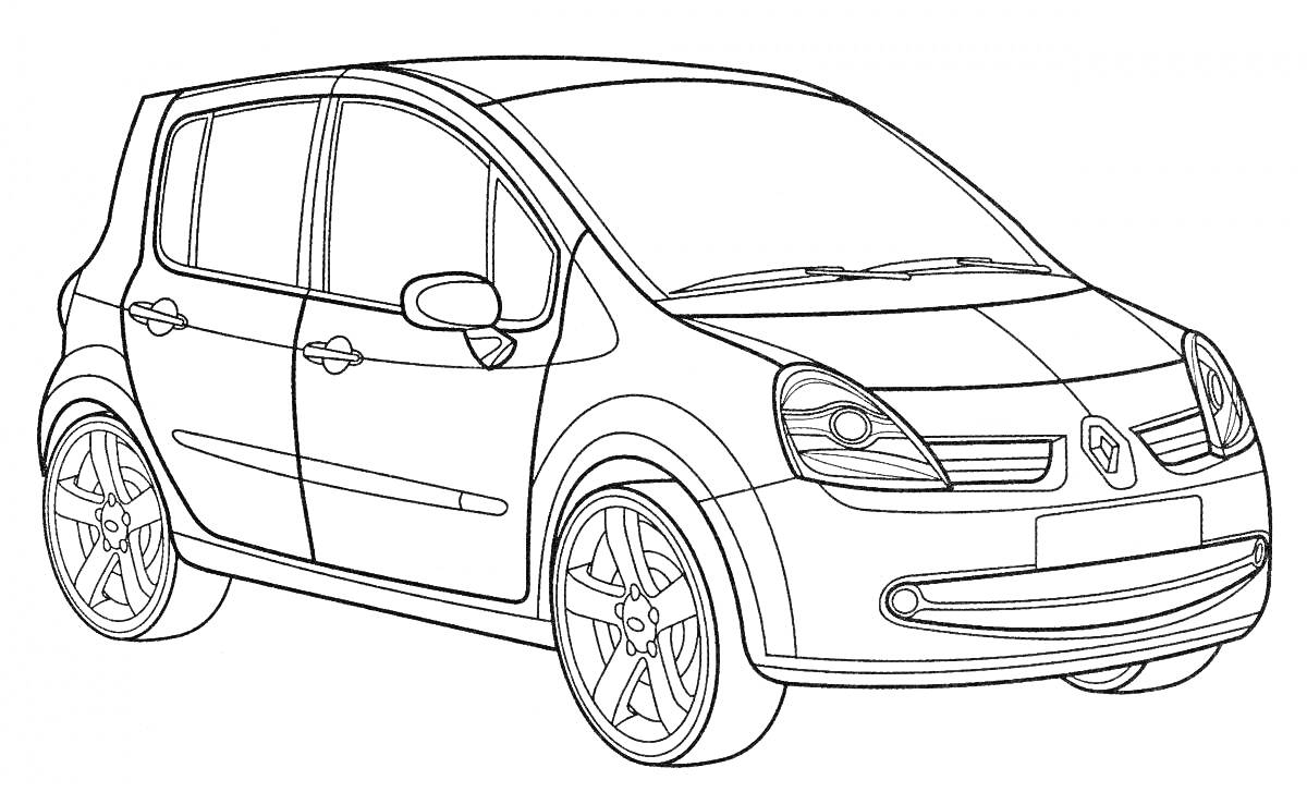 Раскраска Раскраска автомобиля Renault Logan с четырьмя дверями и дисковыми колесами