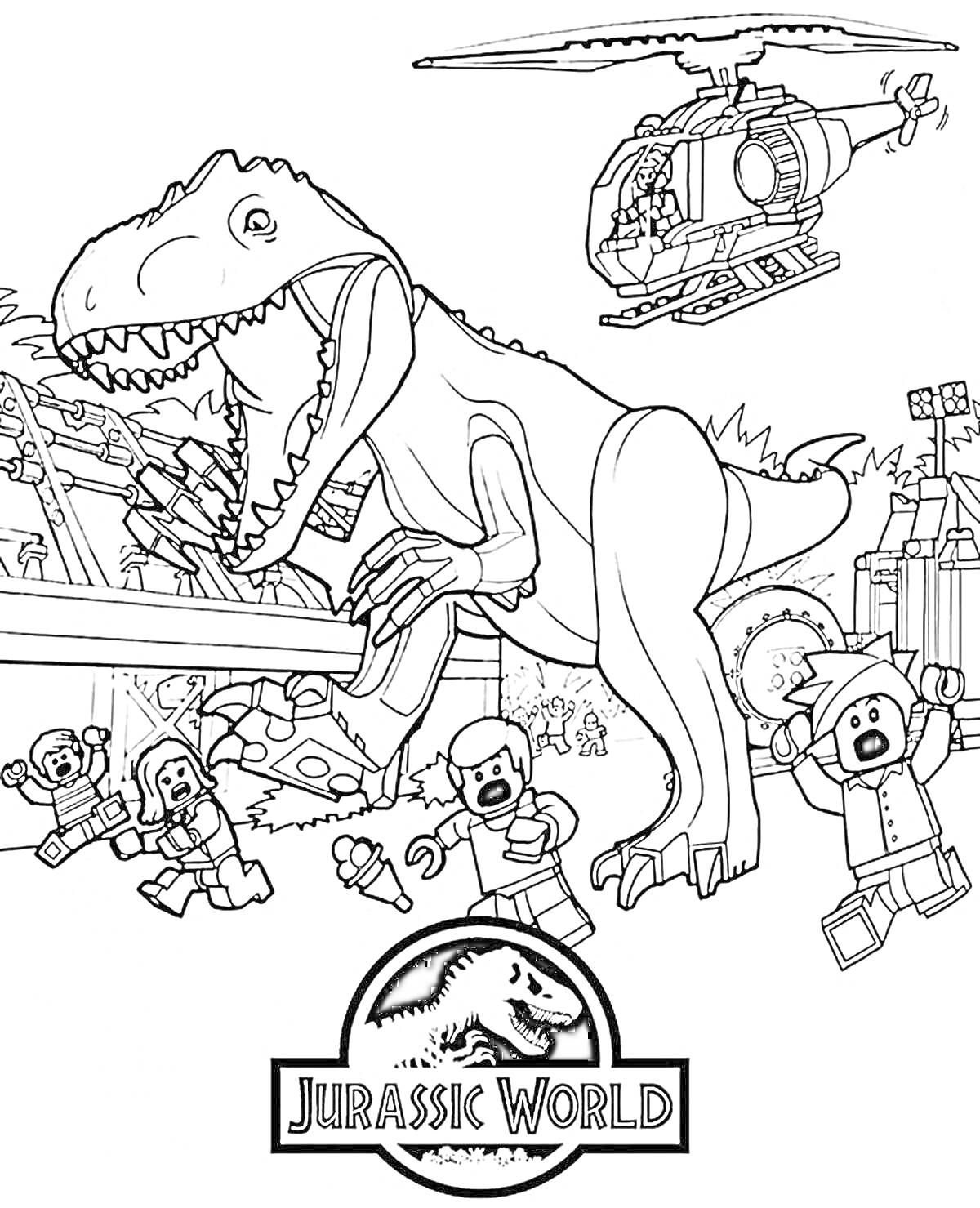 На раскраске изображено: Динозавр, Вертолет, Лего, Мир Юрского периода, Опасность, Человек, Сцены