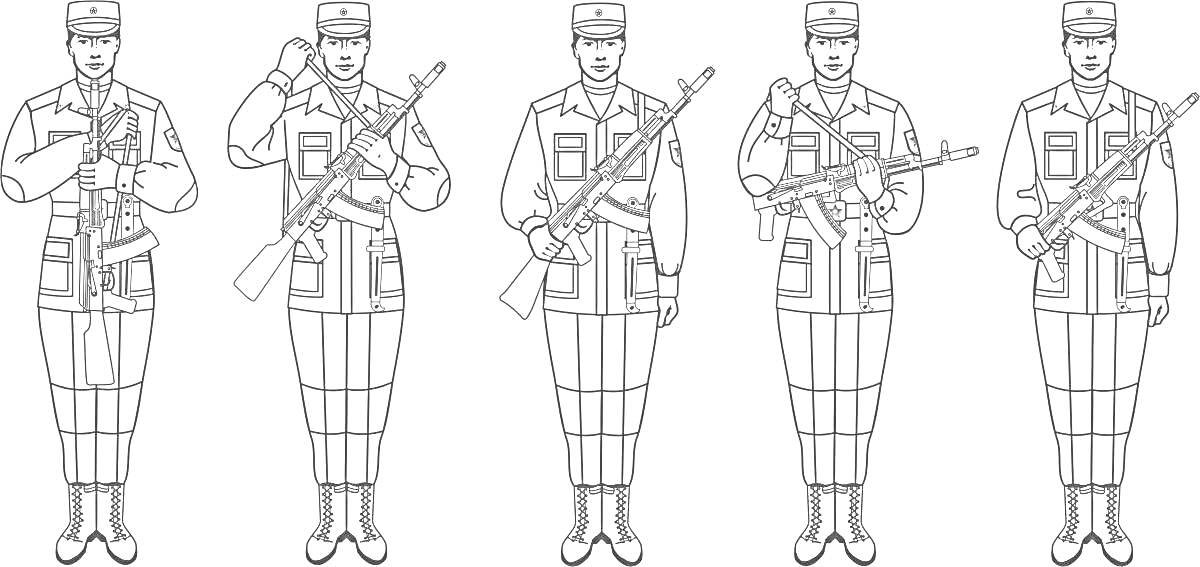 Раскраска Солдаты в парадной форме с оружием