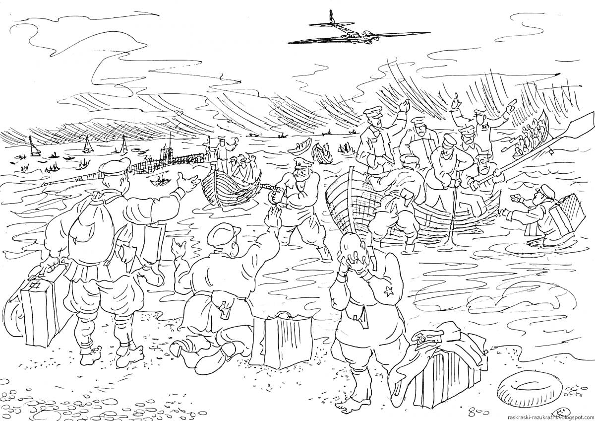 Раскраска Переправа через реку на катерах, солдаты с багажом, военно-транспортный самолет в небе