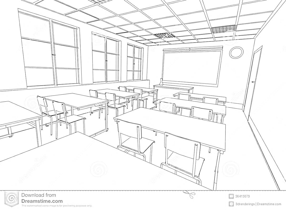 Раскраска классная комната, пустые парты и стулья, большое окно, доска для письма, часы на стене, потолочные плитки, двери