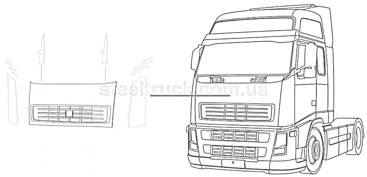 На раскраске изображено: Вольво, Фура, Капот, Решетка, Радиатор, Фары
