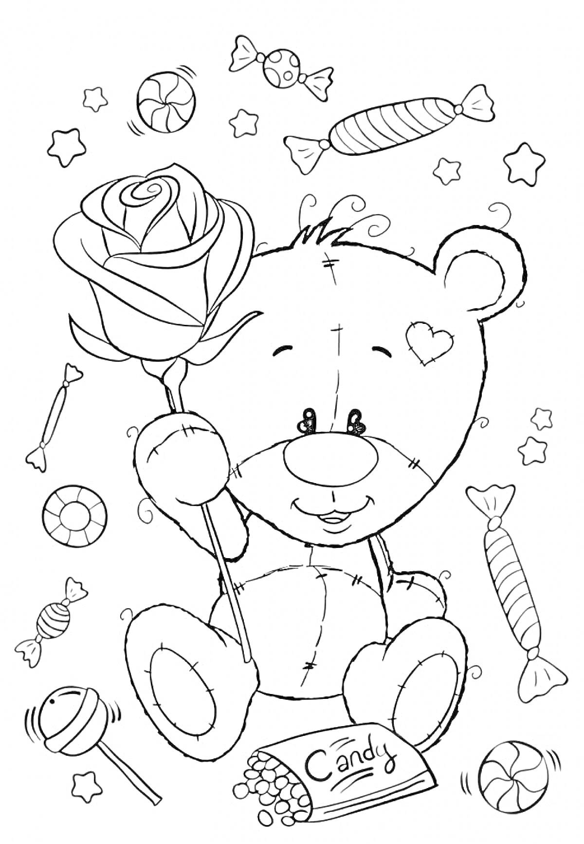 На раскраске изображено: Мишка Тедди, Конфеты, Кекс, Радость, Подарки, Розы, Звезды, Игрушки