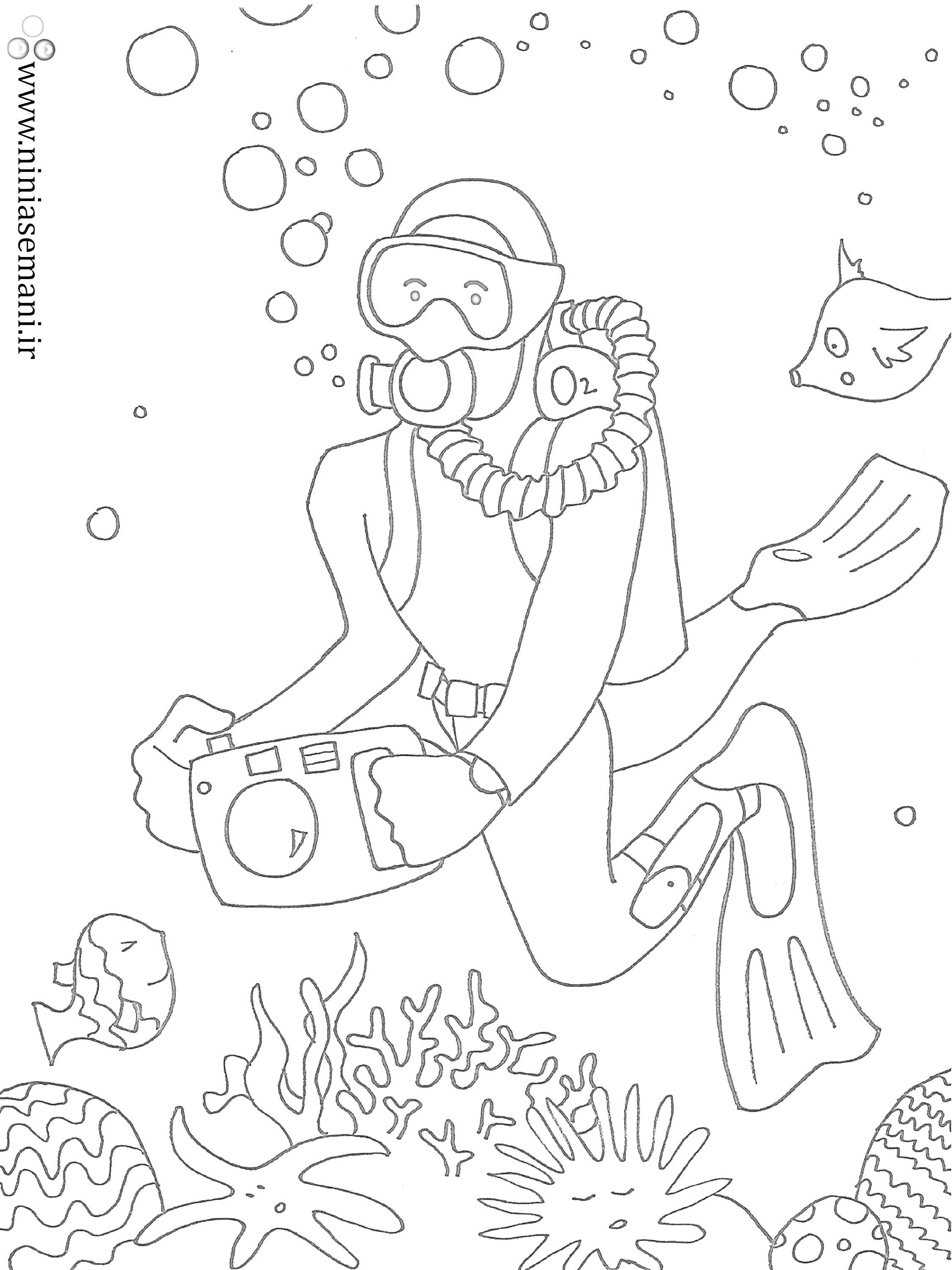 На раскраске изображено: Аквалангист, Камера, Подводный мир, Водоросли, Кораллы, Пузыри, Плавание, Подводное плавание, Дайвинг, Морской мир