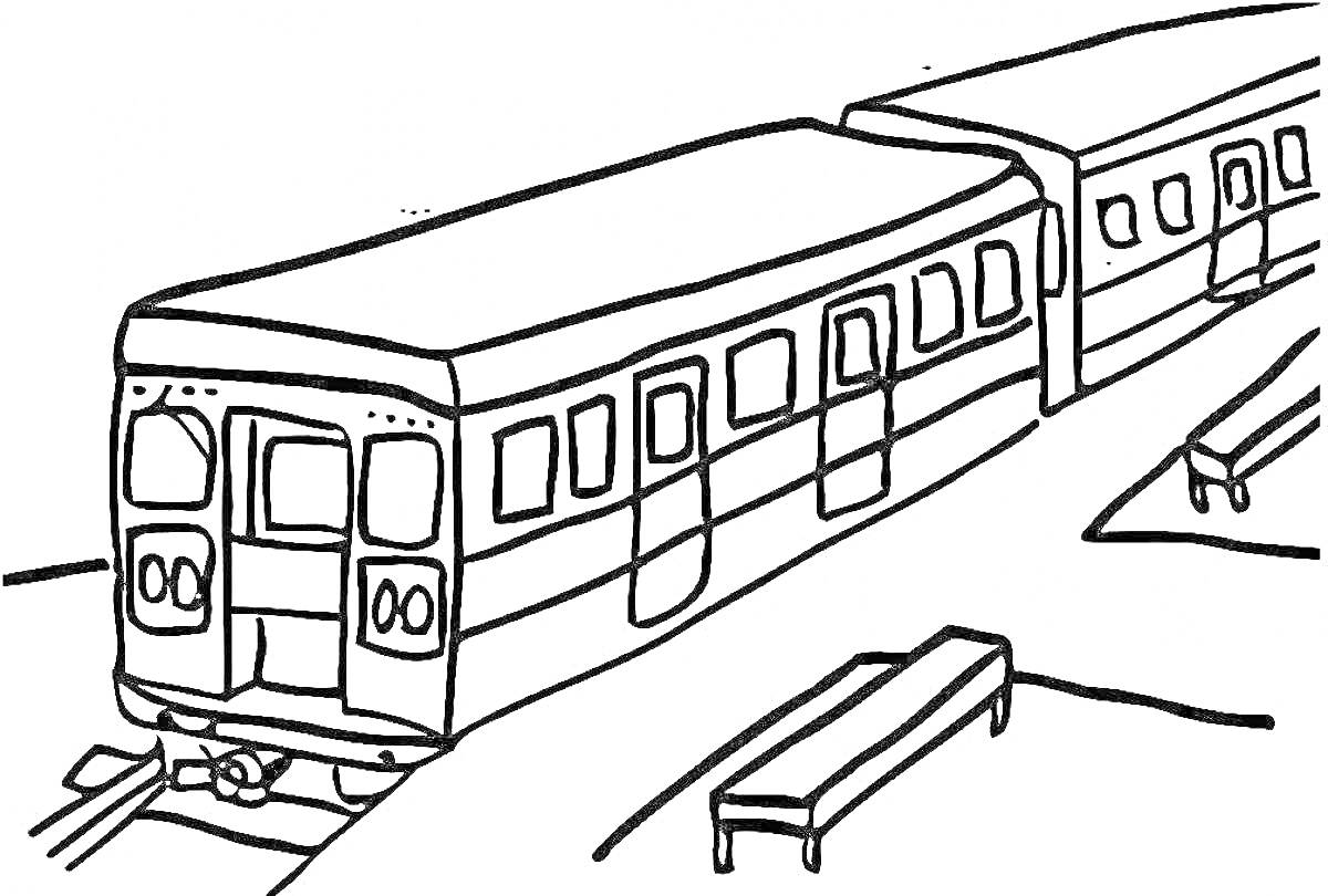 Раскраска метро поезд на станции с лавочками и рельсами