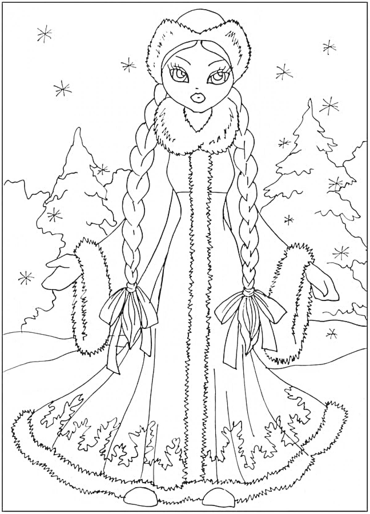 На раскраске изображено: Зима, Снежинки, Зимний костюм, Мех, Новогодняя сказка, Лес, Деревья, Природа, Рождество