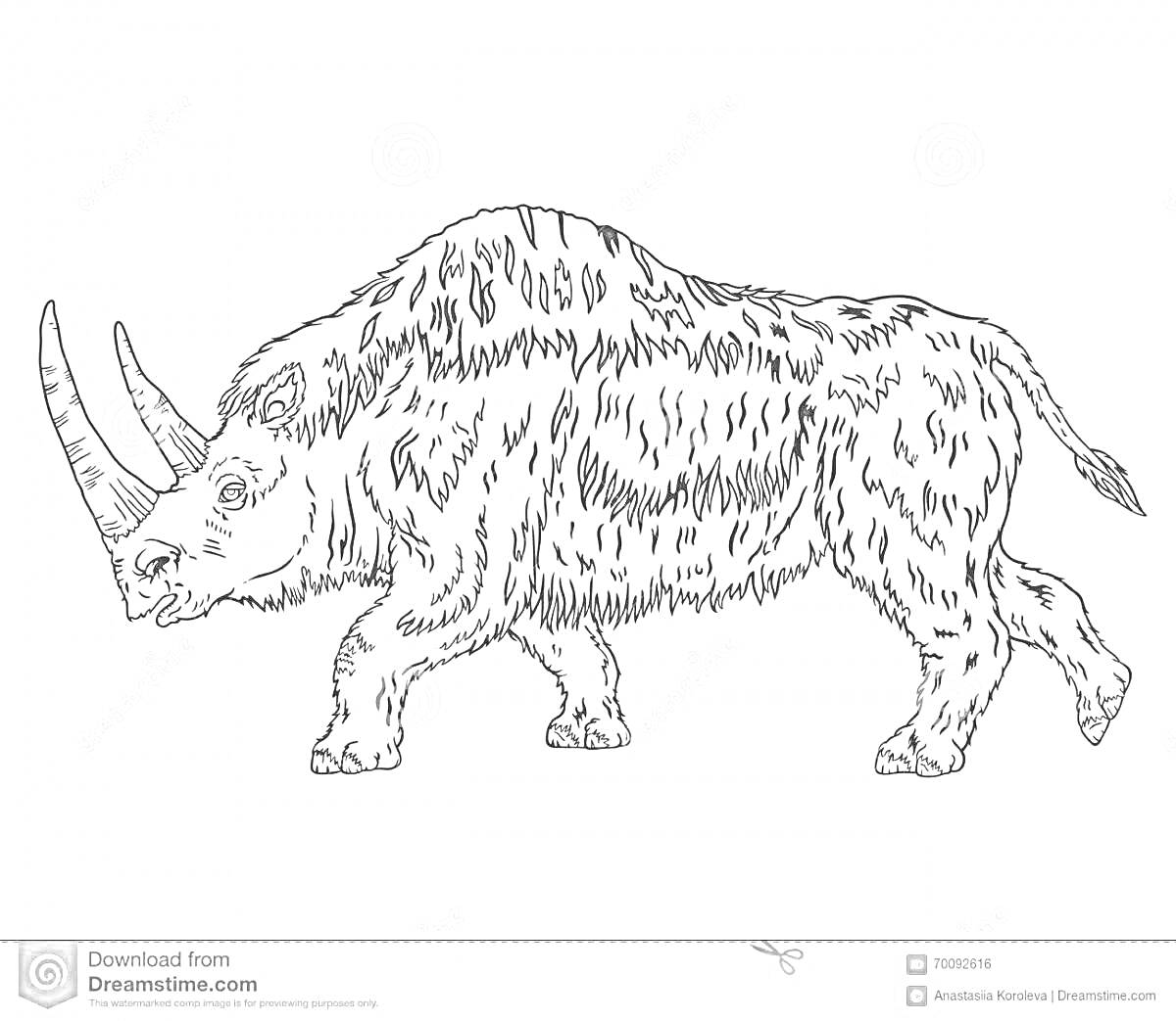 На раскраске изображено: Древнее животное, Рога, Густая шерсть