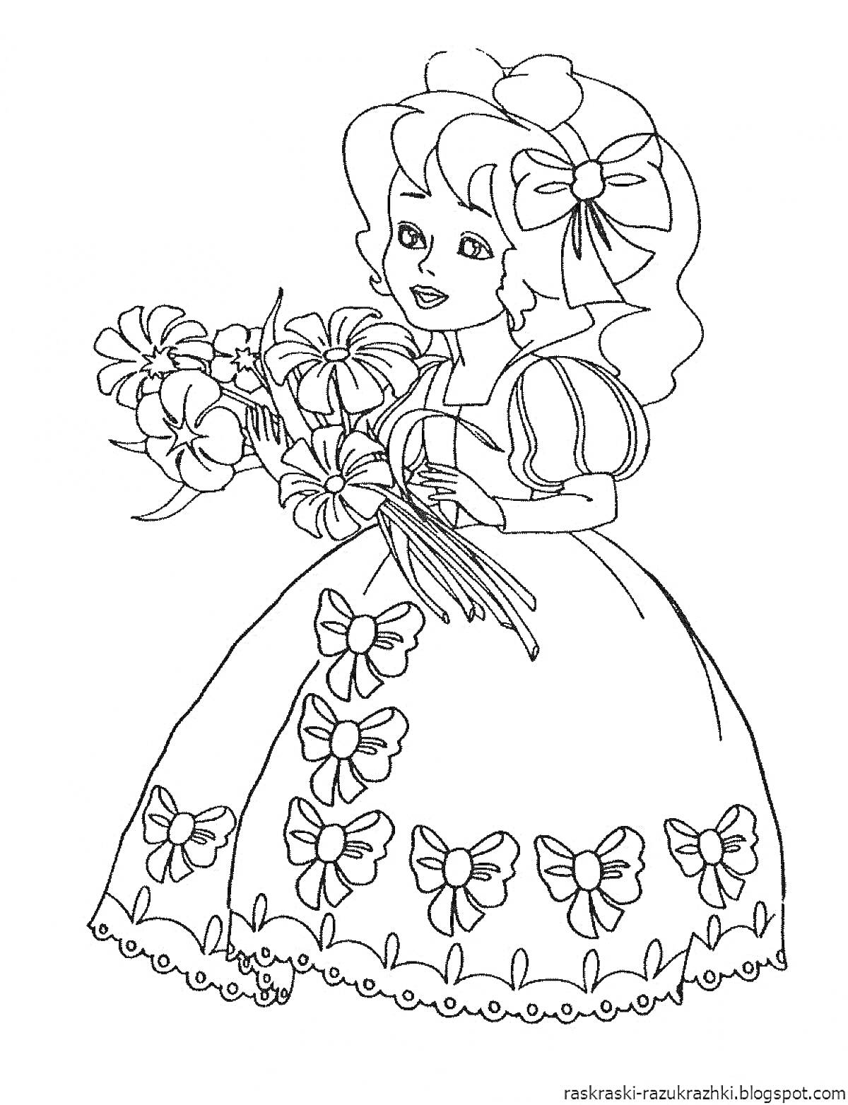 Раскраска Девочка с бантом в волосах и букетом цветов в руке, платье с бантиками
