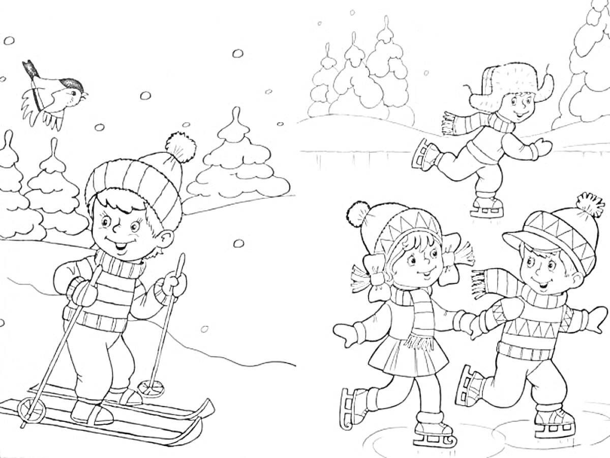 Дети на лыжах и коньках в зимнем лесу, птица, деревья