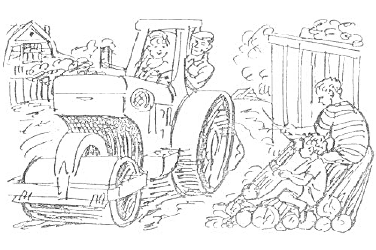 Раскраска Трактор на дороге, дети играют на брёвнах рядом с забором и домом