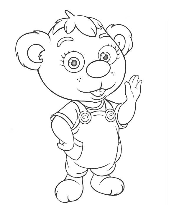 Раскраска Медвежонок в комбинезоне, приветствующий движением правой лапы