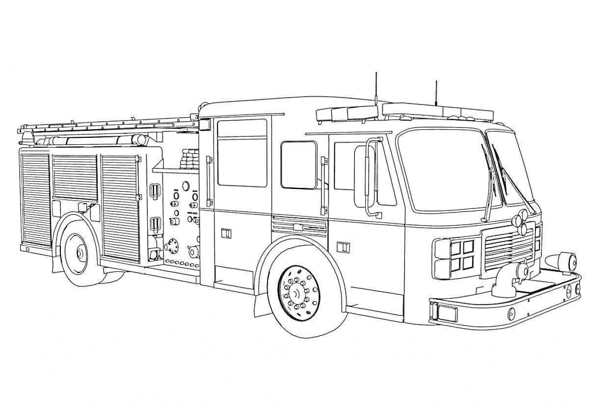 Раскраска Пожарная машина с лестницей и оборудованием сбоку