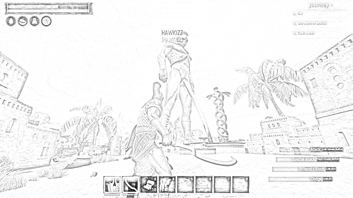 Раскраска Герой с оружием перед большой статуей в пустыне, окруженной пальмами и домами