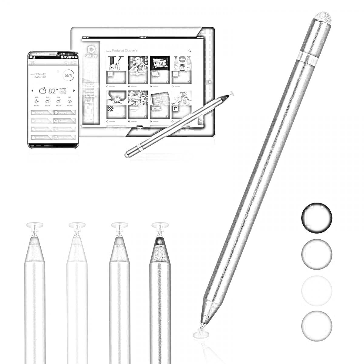 Раскраска Стилусы для планшета и смартфона с устройствами и палитрой цветов