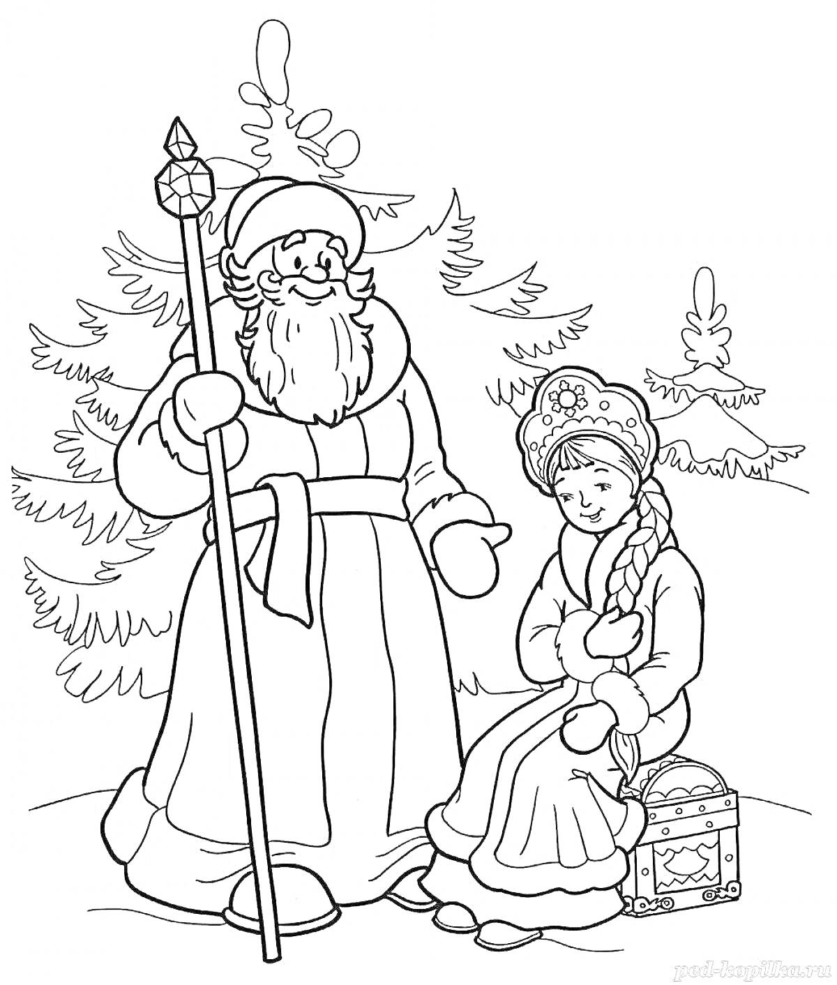 На раскраске изображено: Дед Мороз, Снегурочка, Зима, Новогодние персонажи, Снег, Зимний лес