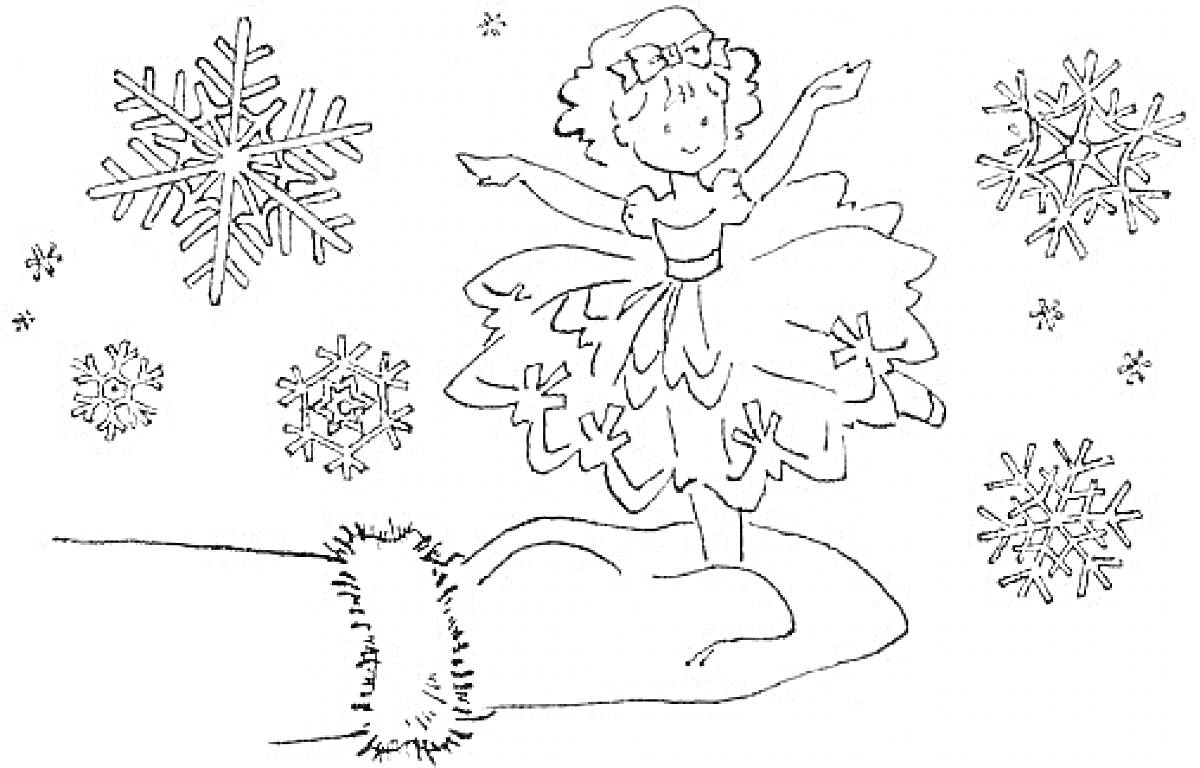 На раскраске изображено: Балерина, Рука, Снежинки, Танец, Зима, Природа