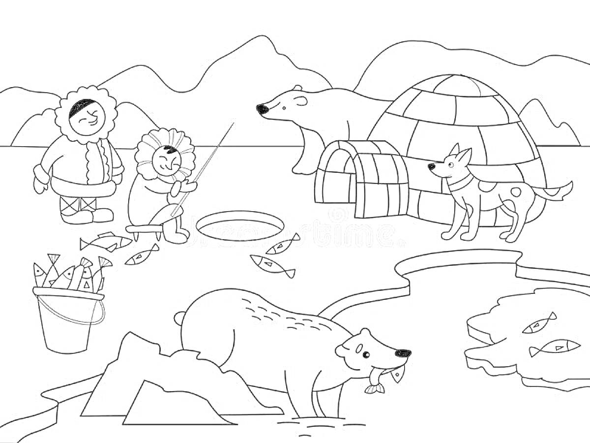 На раскраске изображено: Север, Рыбалка, Собака, Иглу, Рыба, Айсберги, Зима, Арктика, Животные севера, Цветная книга, Полярные медведи