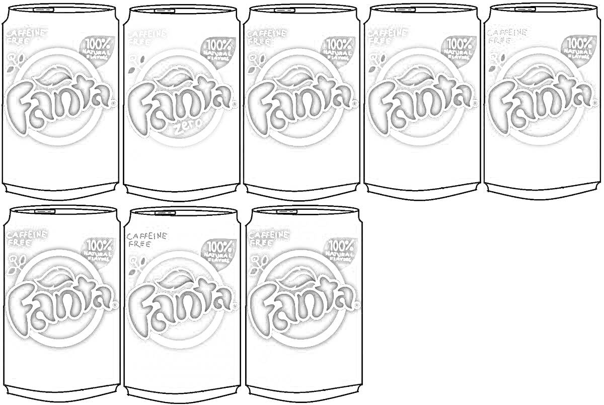 На раскраске изображено: Fanta, Газировка, Напиток, Множество, Консервные банки