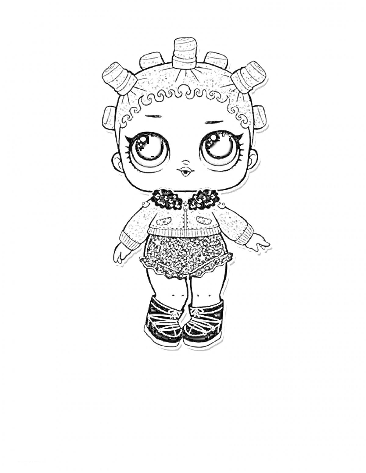 Девочка Лол с большими глазами, кудрявыми волосами и бигуди на голове, в кофточке, юбке и ботинках