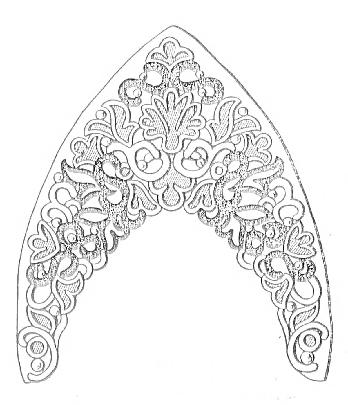 Раскраска Кокошник с узорами, включая цветочные и узорчатые элементы